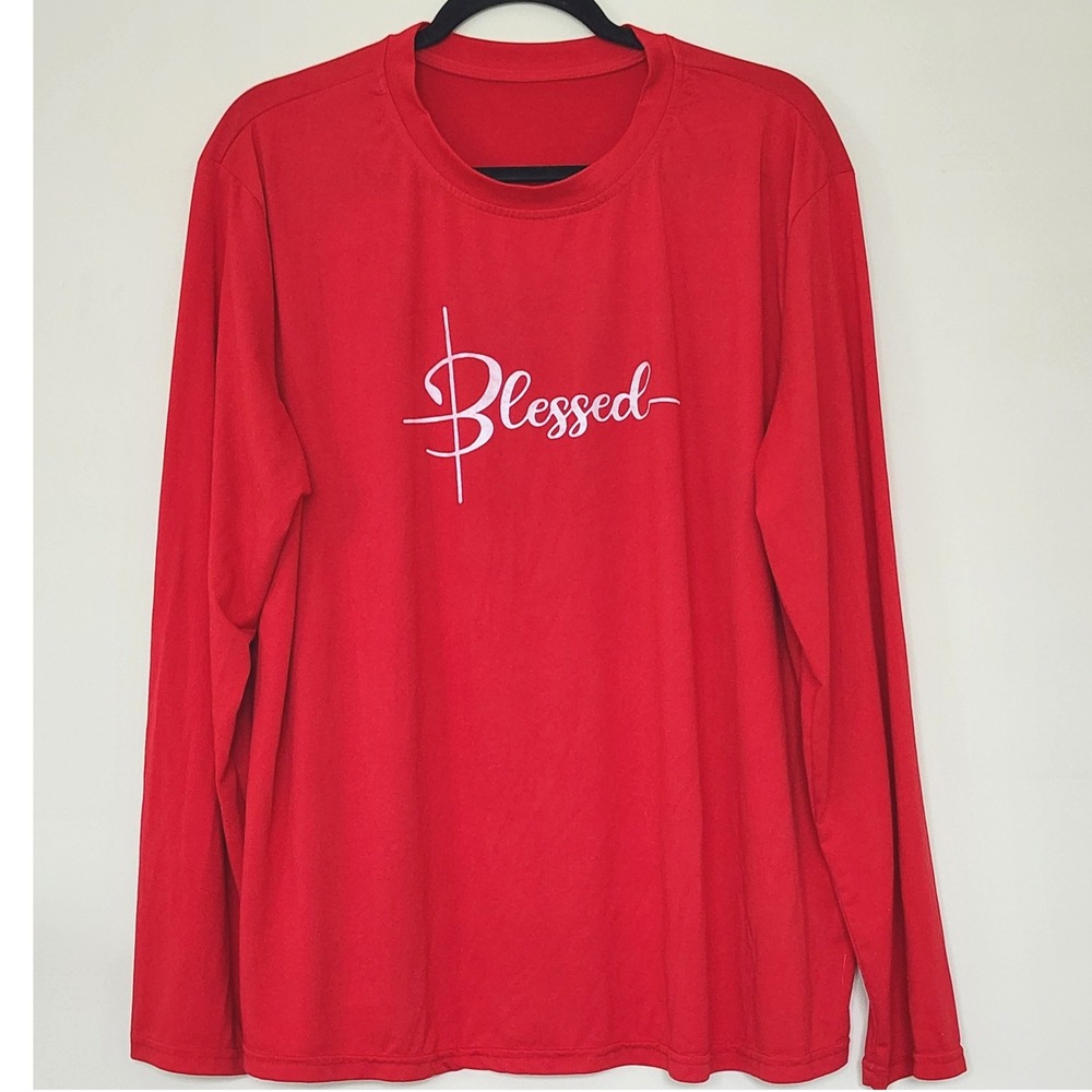 Blessed Graphic Long Sleeve Shirt Red‎ Crew Neck Polyester Women Top Christmas